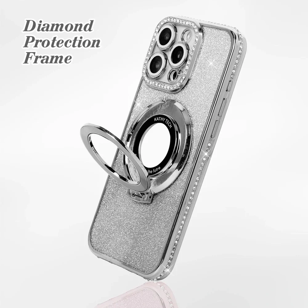 Silver Glitter iPhone 14 Plus Case with Ring Holder